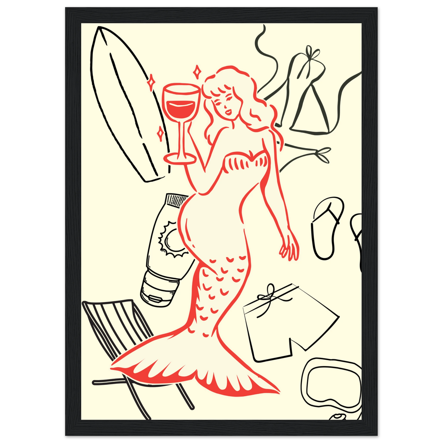 Summer mermaid wall art print beach vibes relaxation in your choice of size frame art print in a White frame size A2 (42 x 59.4  cm) affordable wall art by Art Aunty NZ