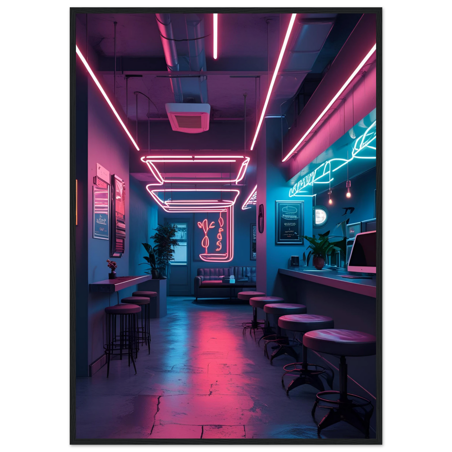 Neon dreams retro cafe art print by anya trut choose your size frame for a cyberpunk vibe art print in a Black frame size A2 (42 x 59.4  cm) affordable wall art by Art Aunty NZ