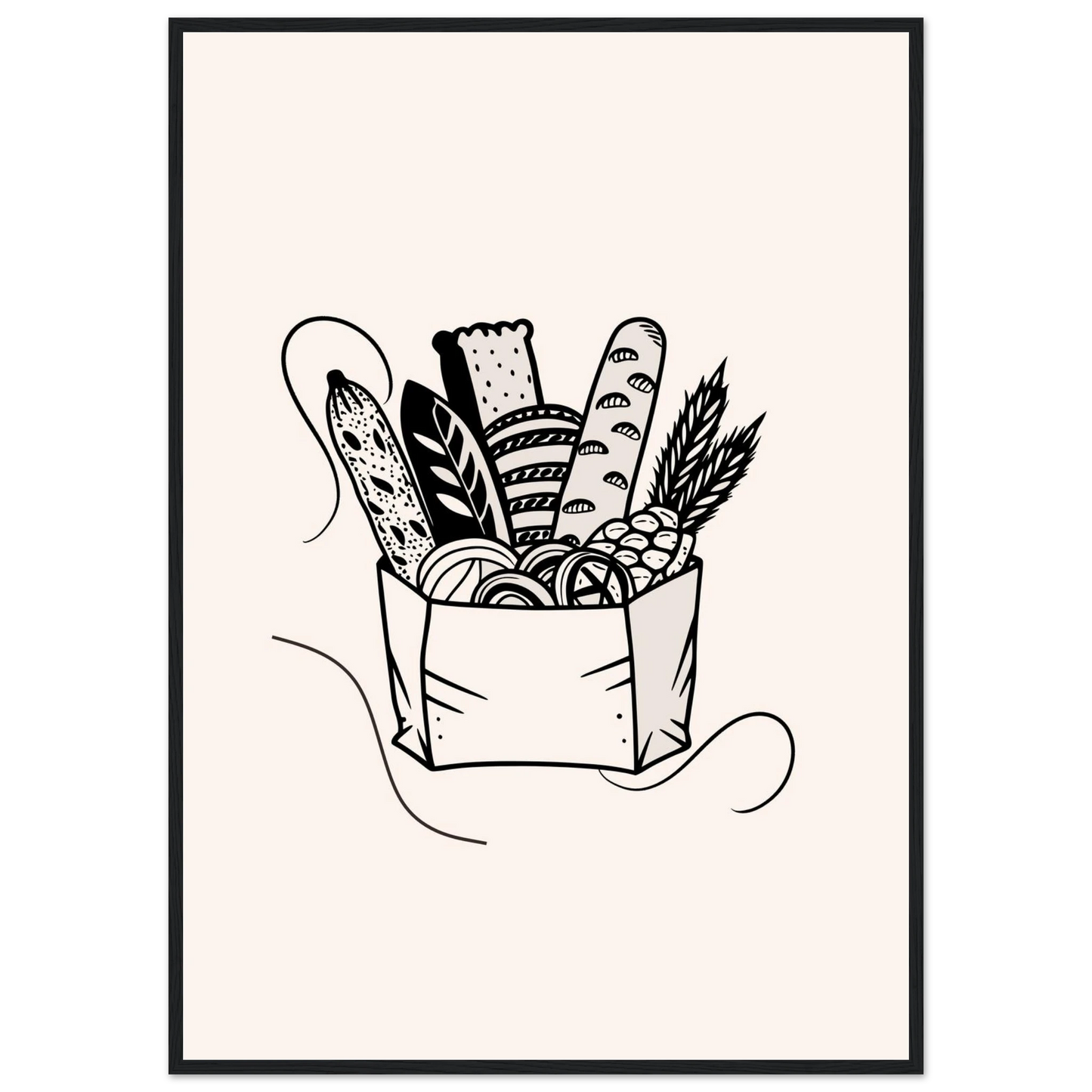 Morning bread art print in a Black frame size A1 (59.4 x 84.1  cm) affordable wall art by Art Aunty NZ