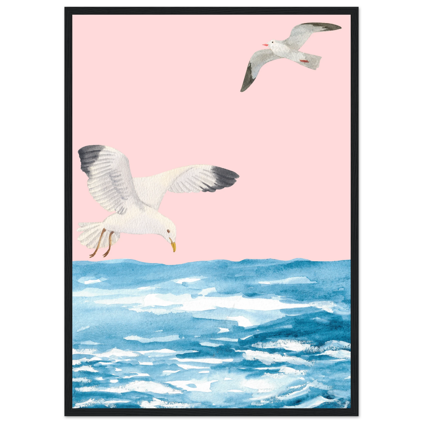 Coastal flight serene seagull watercolour art print by anya trut choose your size frame art print in a Wood frame size 21x29.7 cm / 8x12" affordable wall art by Art Aunty NZ