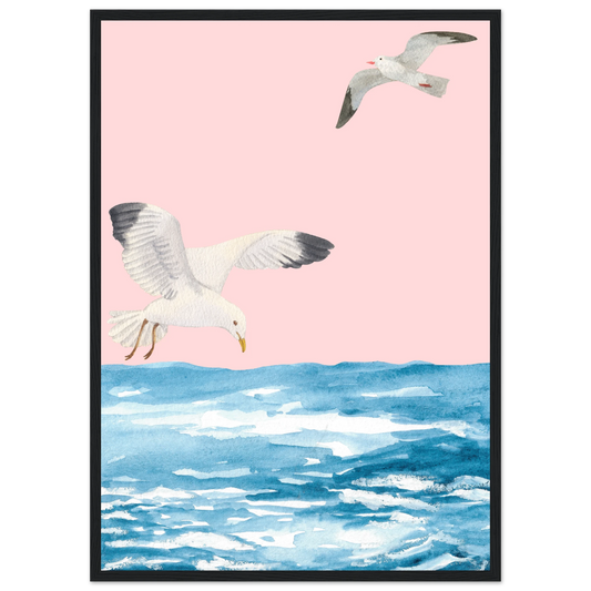 Coastal flight serene seagull watercolour art print by anya trut choose your size frame art print in a Wood frame size 21x29.7 cm / 8x12" affordable wall art by Art Aunty NZ