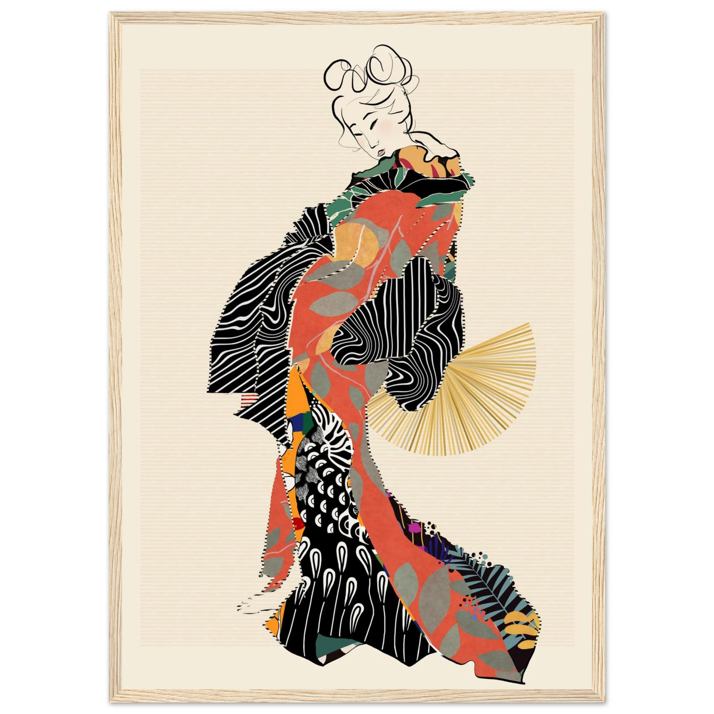 Abstract kimono geisha art print by ioana horvat vibrant patterns elegant style various sizes frames art print in a Black frame size A1 (59.4 x 84.1  cm) affordable wall art by Art Aunty NZ