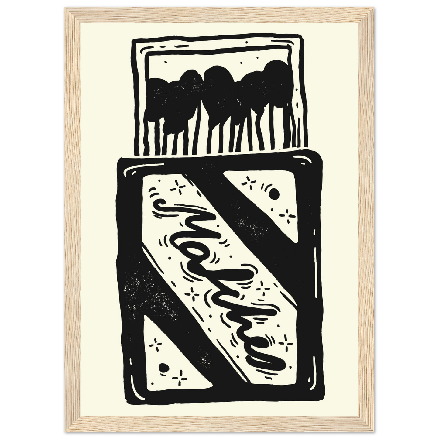 Charming match linocut art print by anya trut black white abstract home decor art print in a Black frame size 21x29.7 cm / 8x12" affordable wall art by Art Aunty NZ