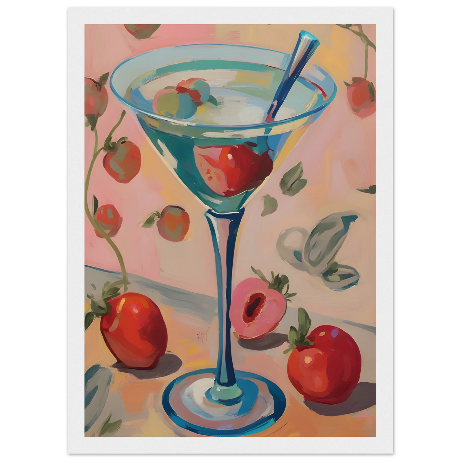 Summer bliss martini playful pop art print by anya trut vibrant wall decor in your choice of size frame art print in a Wood frame size A1 (59.4 x 84.1  cm) affordable wall art by Art Aunty NZ