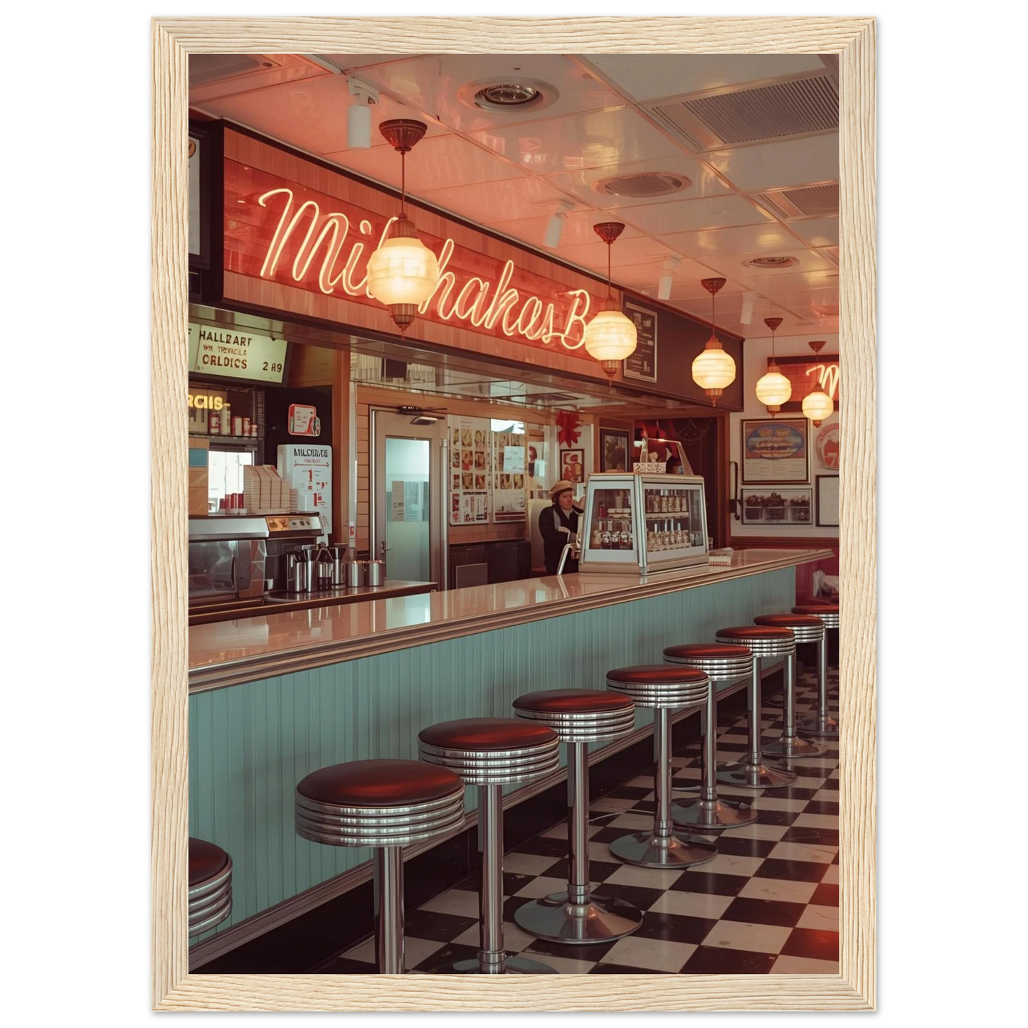 The milk bar art print in a Wood frame size A2 (42 x 59.4  cm) affordable wall art by Art Aunty NZ