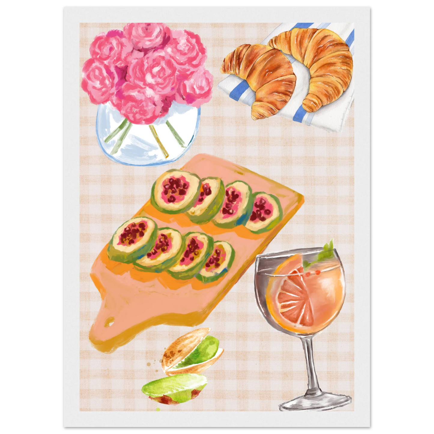 Summer brunch still life framed poster anya trut original artwork 1 art print in a Wood frame size A1 (59.4 x 84.1  cm) affordable wall art by Art Aunty NZ