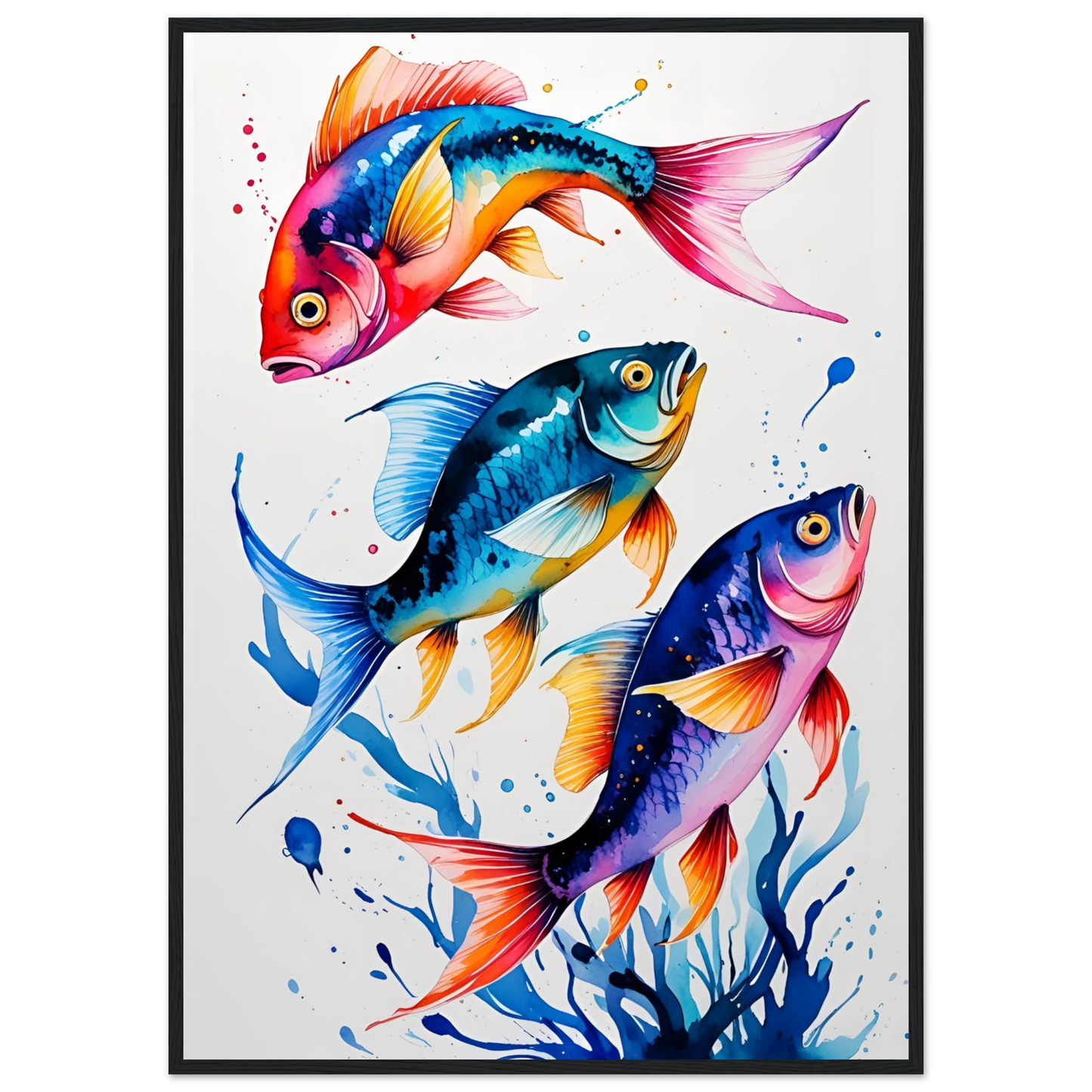 Vibrant ocean trio art print colorful fish watercolor wall decor available in various sizes frames art print in a Black frame size A2 (42 x 59.4  cm) affordable wall art by Art Aunty NZ
