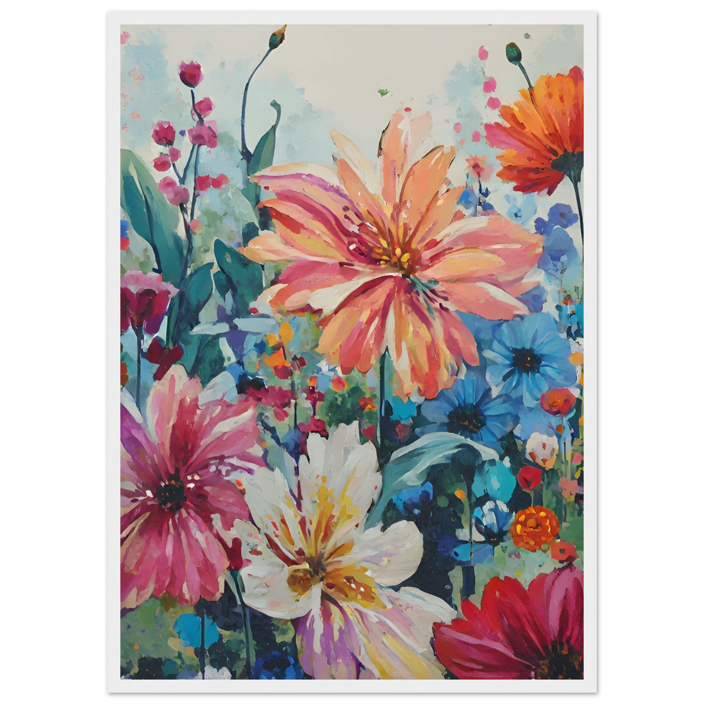 Vibrant floral meadow impressionistic wildflower art print customizable sizes frames art print in a Wood frame size A2 (42 x 59.4  cm) affordable wall art by Art Aunty NZ