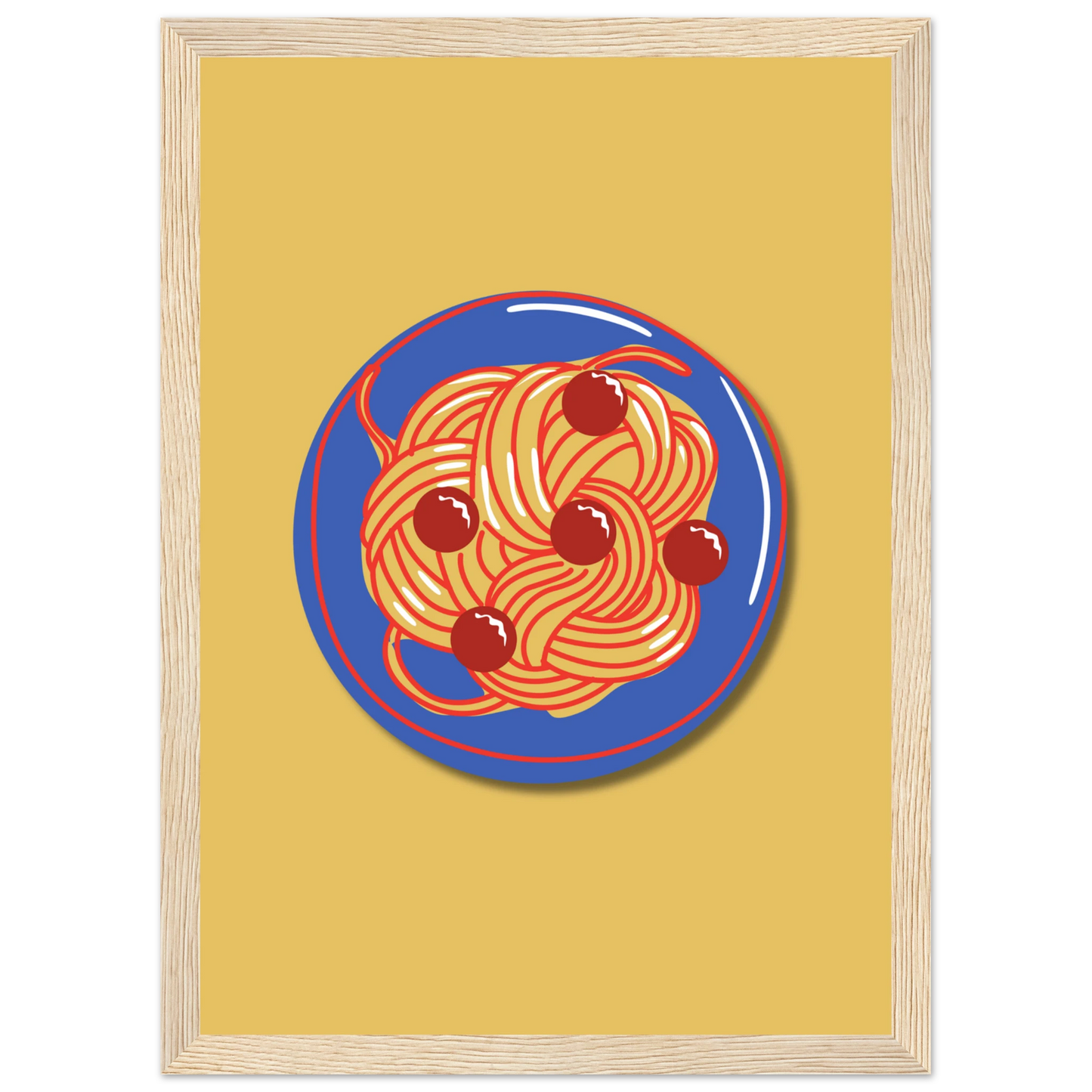 Spaghetti meatballs pop art print the delightful dish by anya trut vibrant kitchen wall art art print in a Black frame size 21x29.7 cm / 8x12" affordable wall art by Art Aunty NZ