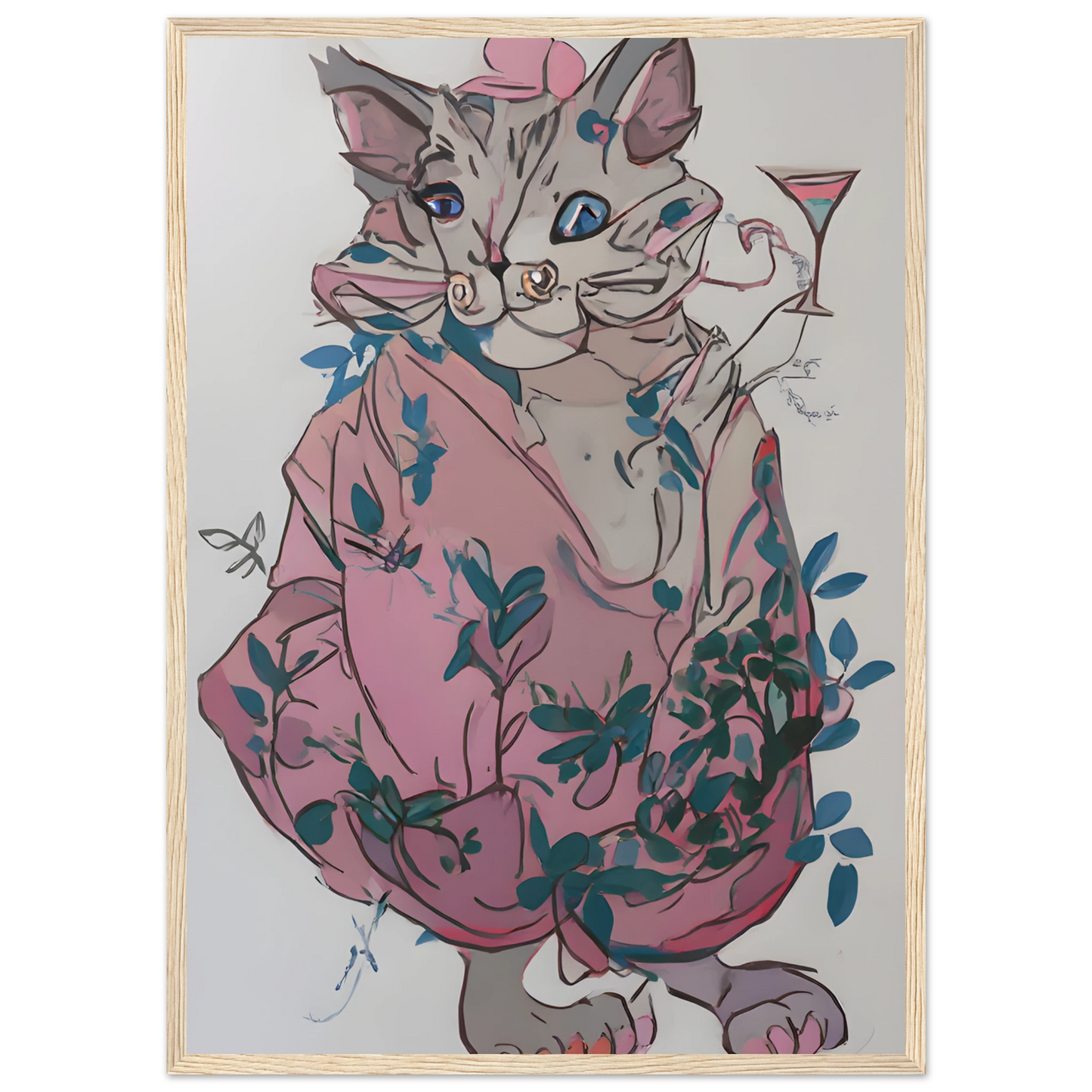 Chic cat with cocktail whimsical pink blue floral art print by anya trut choose your size frame art print in a White frame size A1 (59.4 x 84.1  cm) affordable wall art by Art Aunty NZ