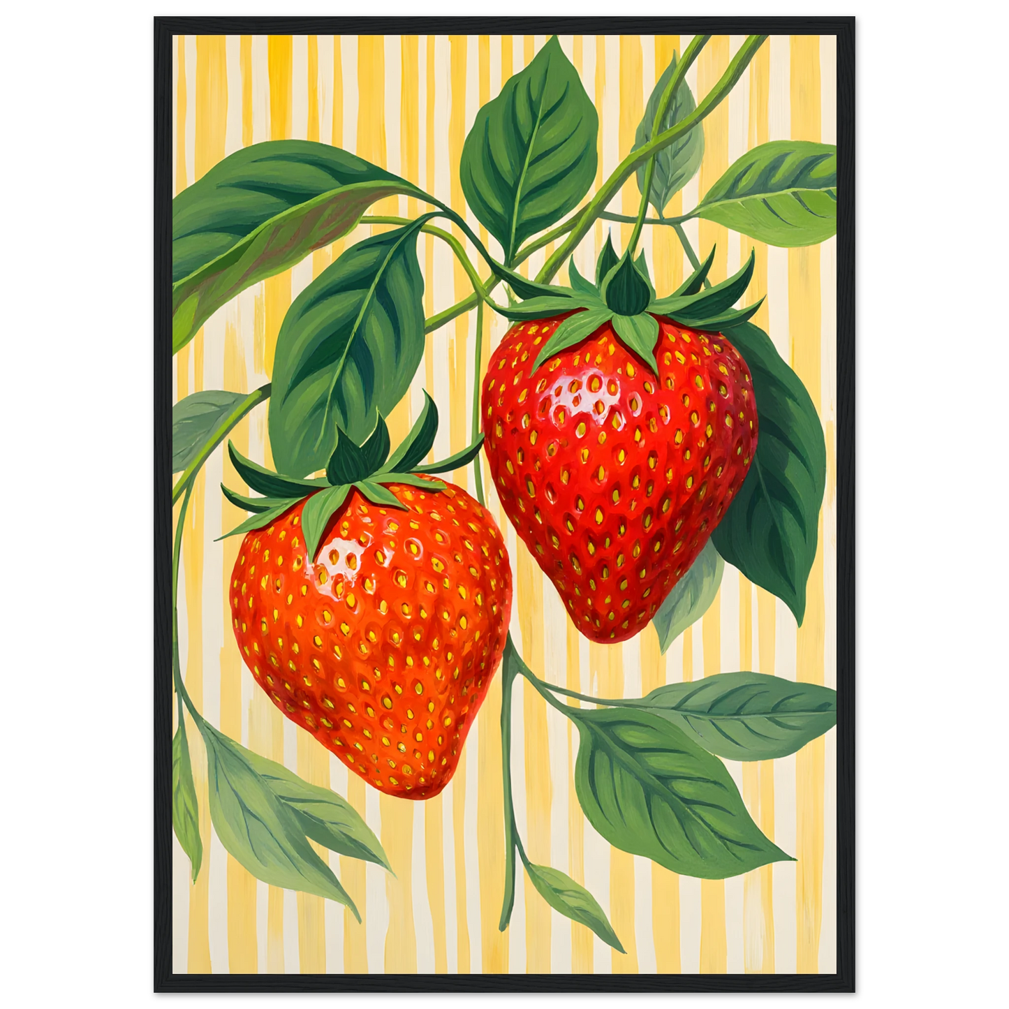 Strawberry bliss vibrant botanical art print by anya trut choose your size frame art print in a Wood frame size 21x29.7 cm / 8x12" affordable wall art by Art Aunty NZ