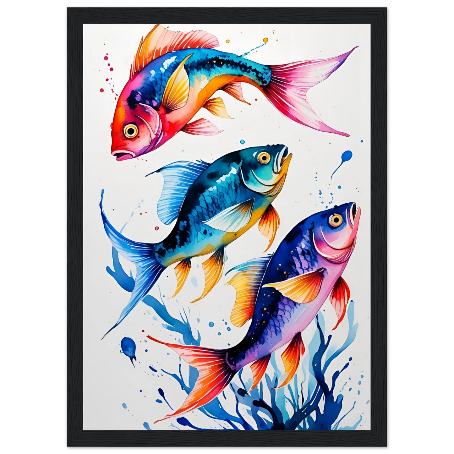 Vibrant ocean trio art print colorful fish watercolor wall decor available in various sizes frames art print in a White frame size A2 (42 x 59.4  cm) affordable wall art by Art Aunty NZ