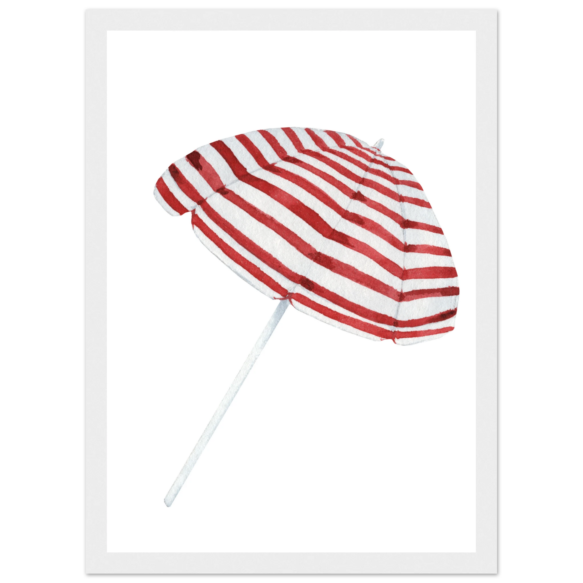 Summer stripes beach umbrella art print by anya trut coastal chic wall decor in multiple sizes frames art print in a Wood frame size A1 (59.4 x 84.1  cm) affordable wall art by Art Aunty NZ