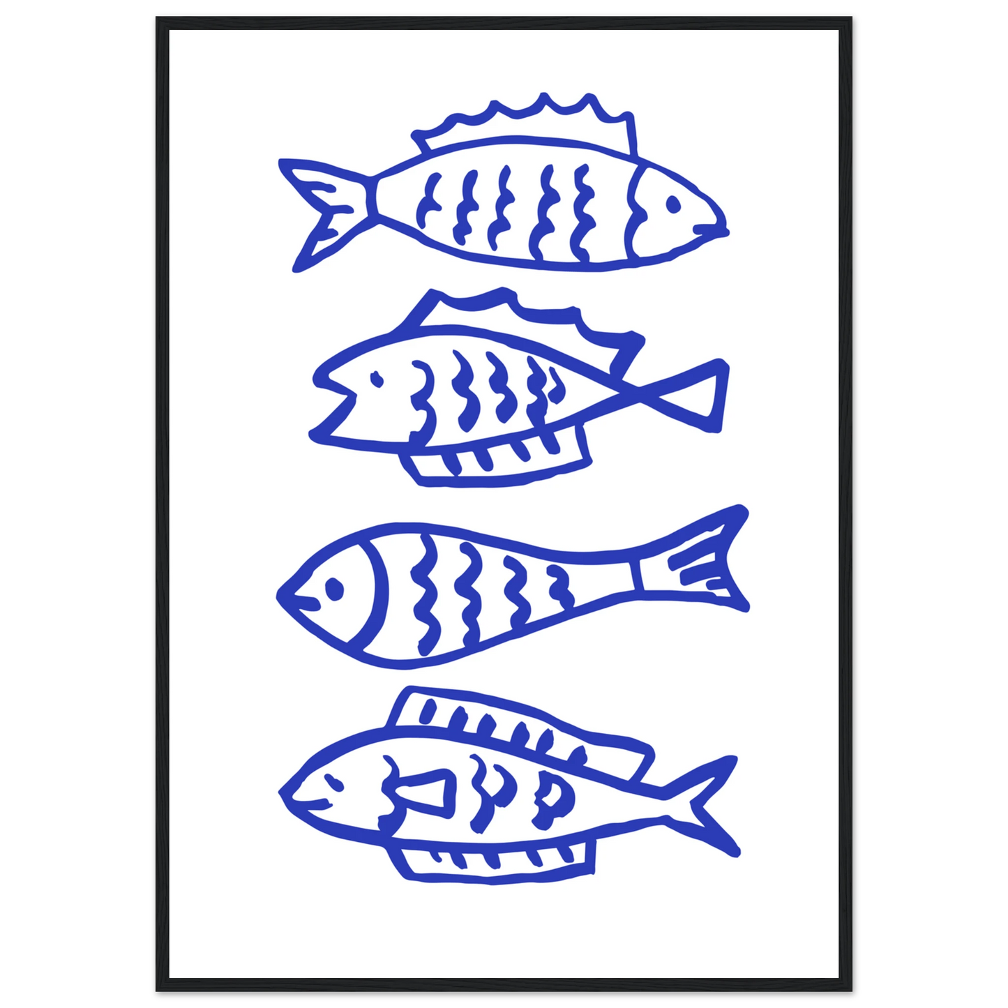 Abstract blue fish line art print by anya trut nautical charm for your home framed sized to perfection art print in a Black frame size A2 (42 x 59.4  cm) affordable wall art by Art Aunty NZ