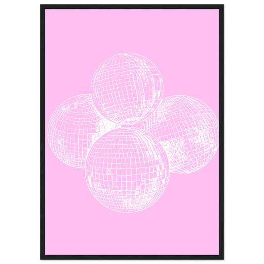Pink disco dream geometric disco balls framed poster by anya trut in your choice of size and frame art print in a Wood frame size 21x29.7 cm / 8x12" affordable wall art by Art Aunty NZ