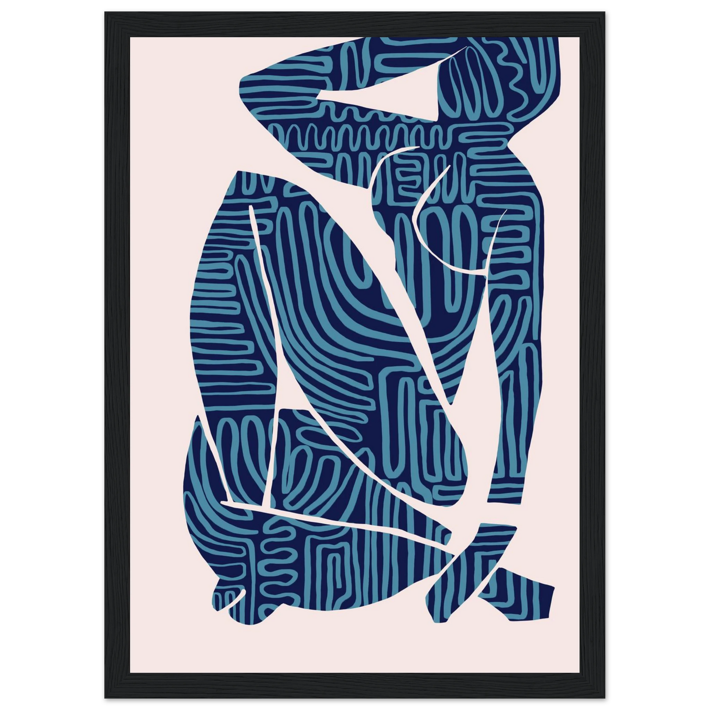 Abstract figurative blue navy art print reclining dream by ioana horvat art print in a Wood frame size 21x29.7 cm / 8x12" affordable wall art by Art Aunty NZ