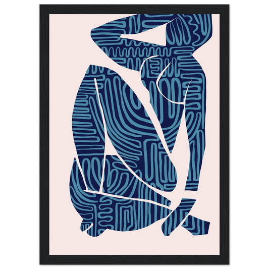 Abstract figurative blue navy art print reclining dream by ioana horvat art print in a Wood frame size 21x29.7 cm / 8x12" affordable wall art by Art Aunty NZ