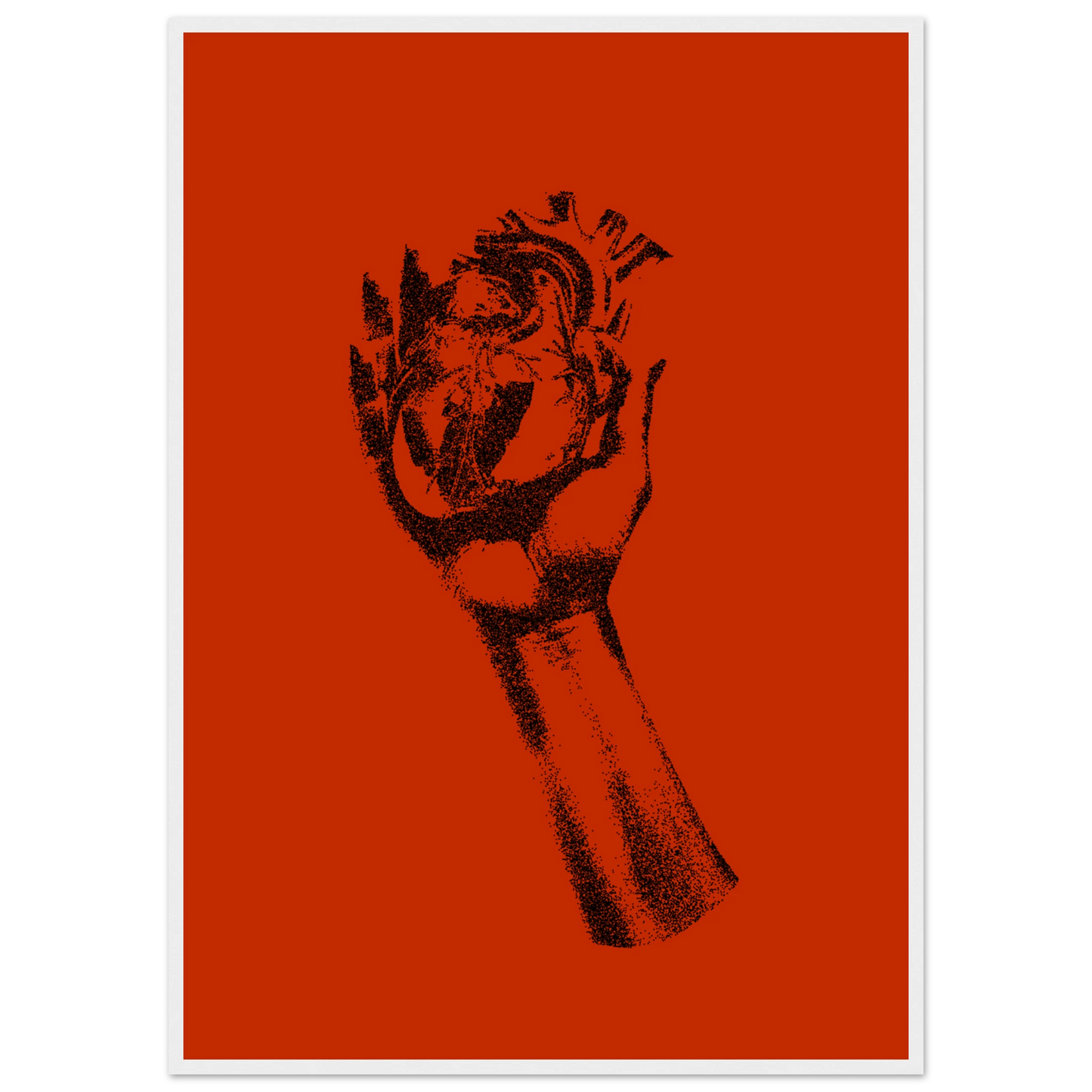 Fiery heart in hand stipple art print by anya trut choose your size frame art print in a White frame size 21x29.7 cm / 8x12" affordable wall art by Art Aunty NZ