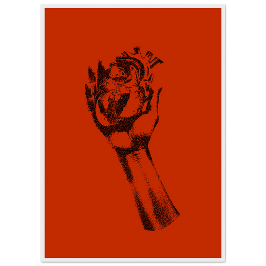 Fiery heart in hand stipple art print by anya trut choose your size frame art print in a White frame size 21x29.7 cm / 8x12" affordable wall art by Art Aunty NZ