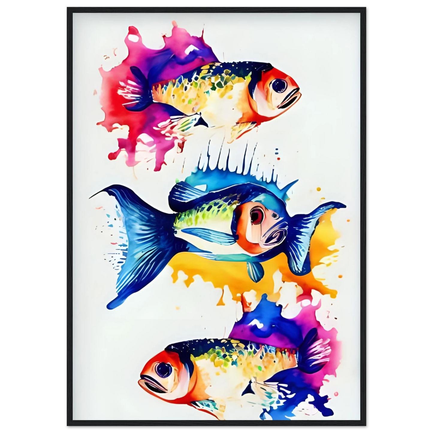 Abstract aquatic flow vibrant fish art print splash of color for your space choose your size frame art print in a Black frame size A2 (42 x 59.4  cm) affordable wall art by Art Aunty NZ