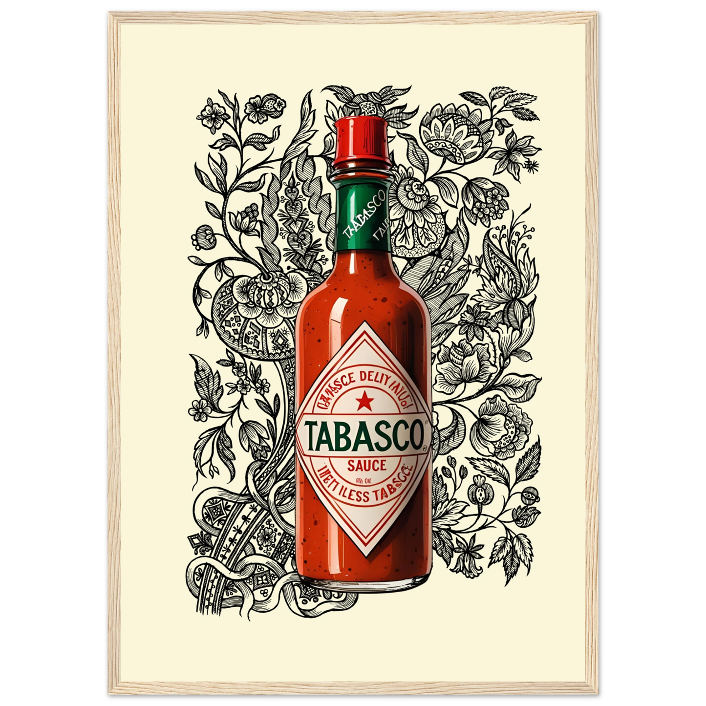Tabasco sauce pop art bold spicy wall art by anya trut choose your size frame art print in a White frame size A1 (59.4 x 84.1  cm) affordable wall art by Art Aunty NZ