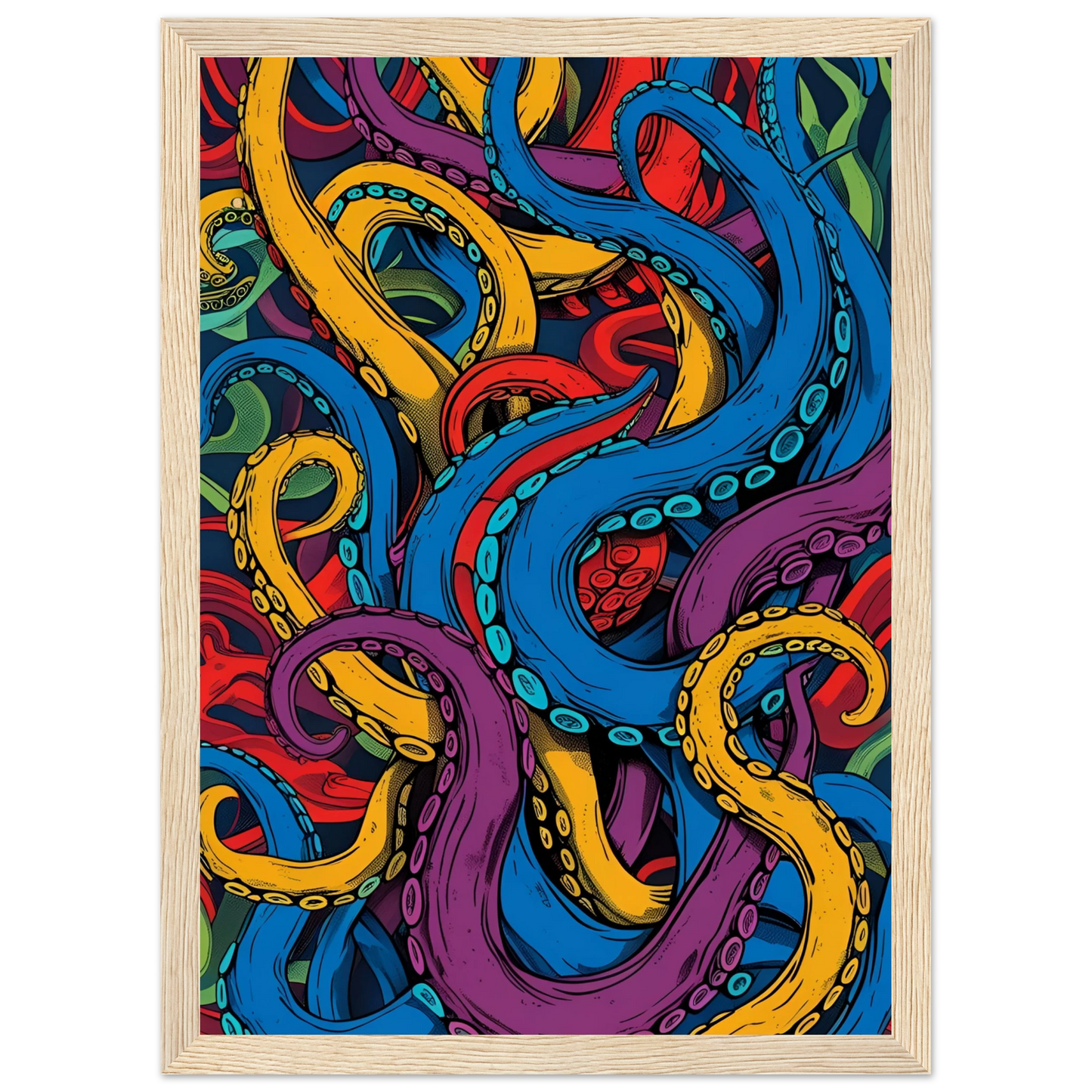 Vibrant tentacles abstract art print dynamic ocean inspired wall decor in your choice of size frame art print in a Black frame size 21x29.7 cm / 8x12" affordable wall art by Art Aunty NZ