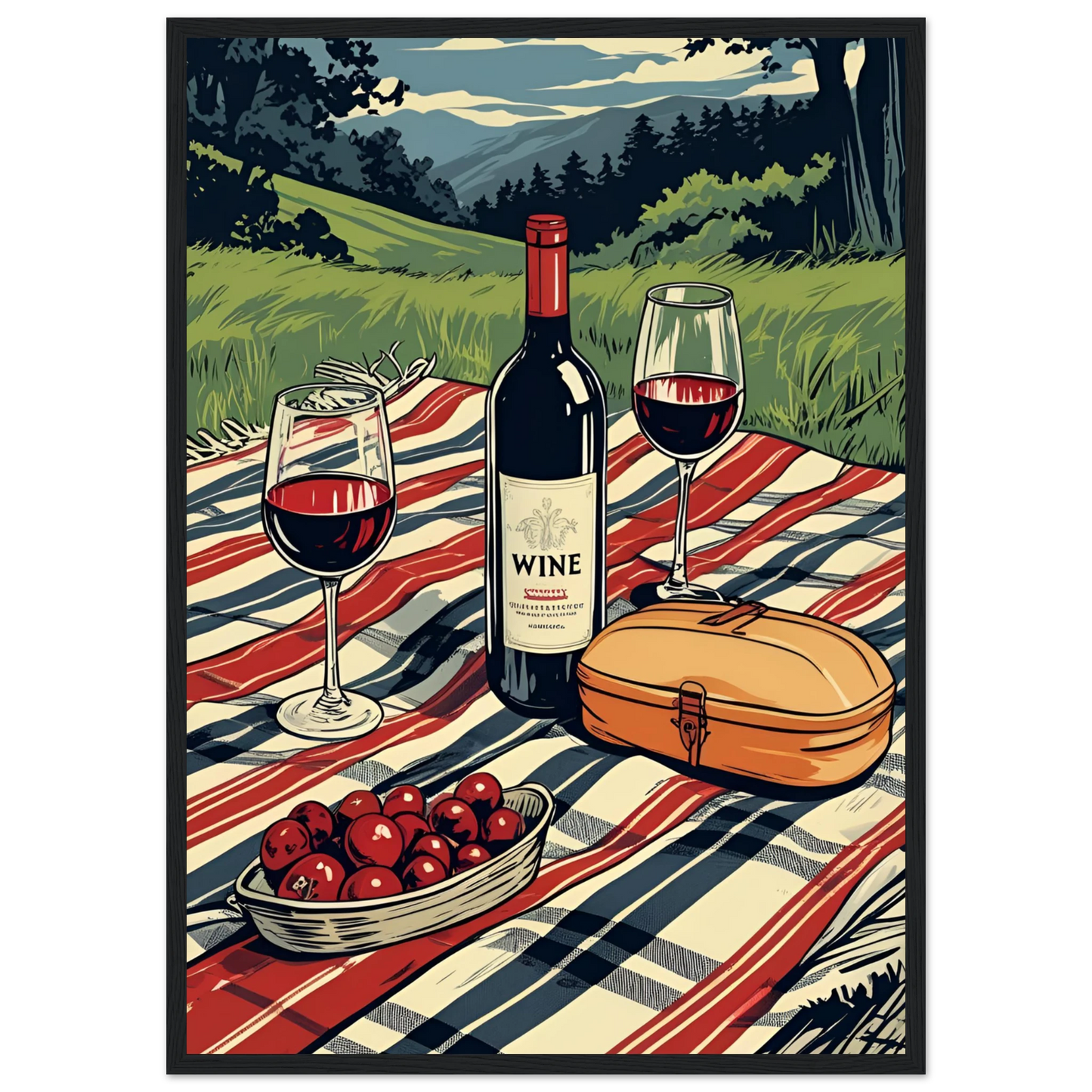 Summer picnic wine cherries serene landscape art print choose your size frame art print in a Wood frame size 21x29.7 cm / 8x12" affordable wall art by Art Aunty NZ
