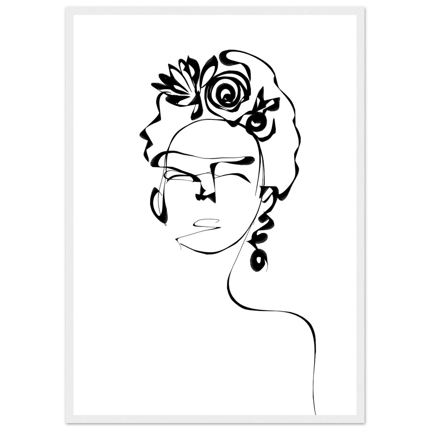 Minimalist frida kahlo inspired line art poster abstract floral portrait print in your choice of size and frame art print in a Black frame size 21x29.7 cm / 8x12" affordable wall art by Art Aunty NZ