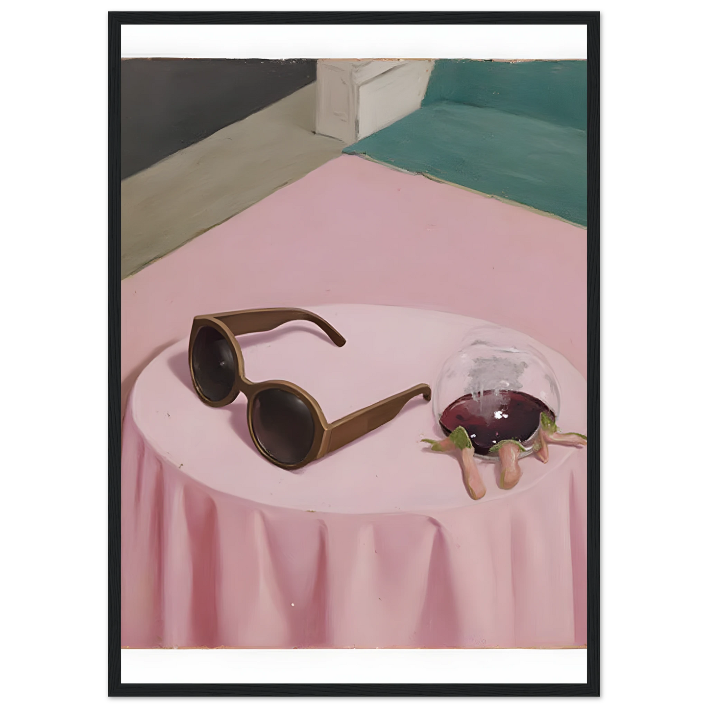 Chic curious nightcap by anya trut modern art print with sunglasses and spilled drink in your choice of frame art print in a Wood frame size 21x29.7 cm / 8x12" affordable wall art by Art Aunty NZ