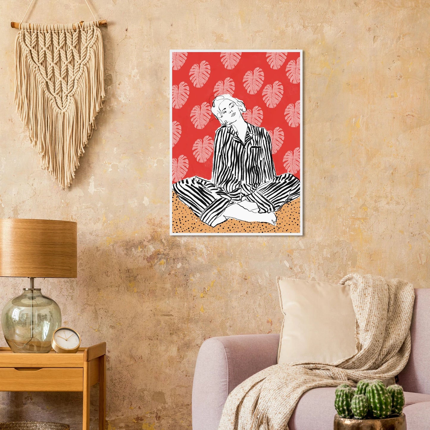 Red boho chic tropical leaf art print elevate your space with vibrant style bohemian flair art print in a  size  affordable wall art by Art Aunty NZ