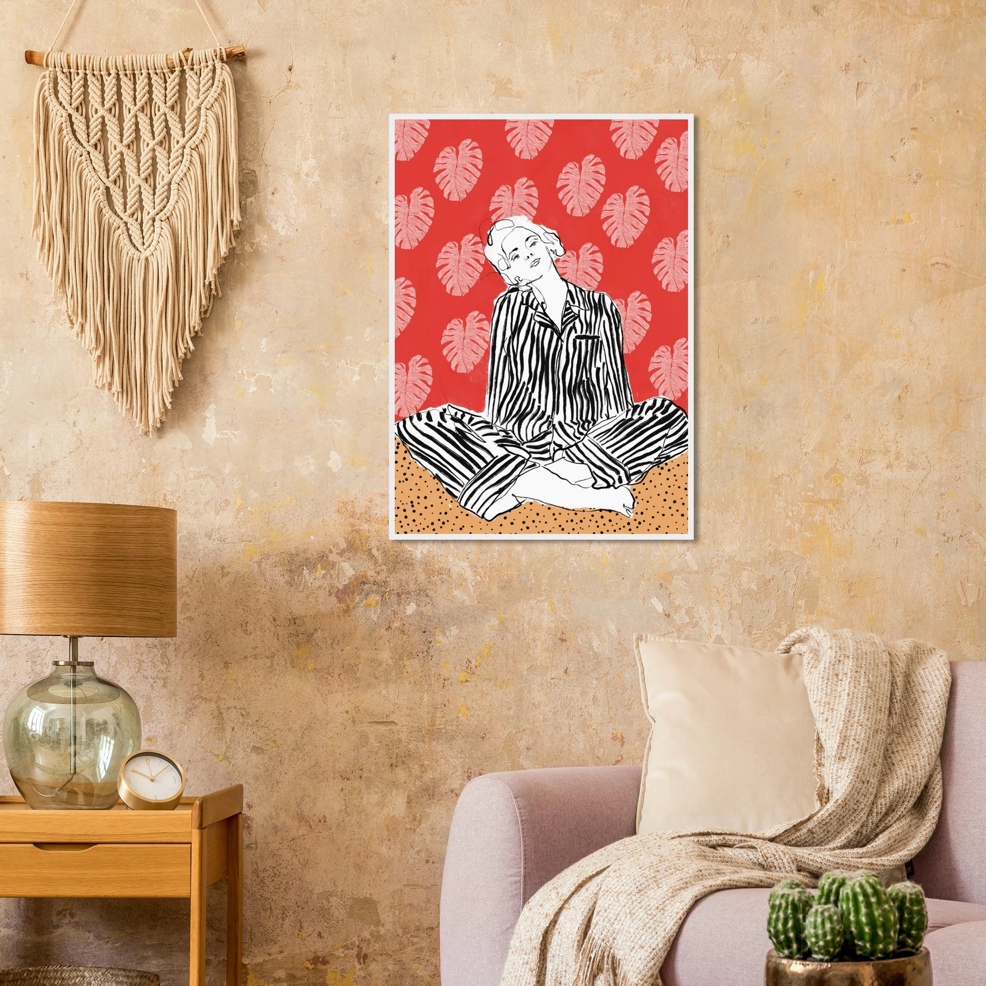 Red boho chic tropical leaf art print elevate your space with vibrant style bohemian flair art print in a  size  affordable wall art by Art Aunty NZ