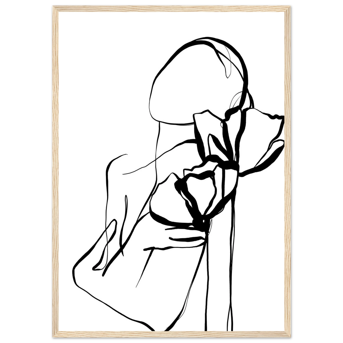 Abstract floral embrace line art print minimalist black white botanical poster art print in a Black frame size A1 (59.4 x 84.1  cm) affordable wall art by Art Aunty NZ