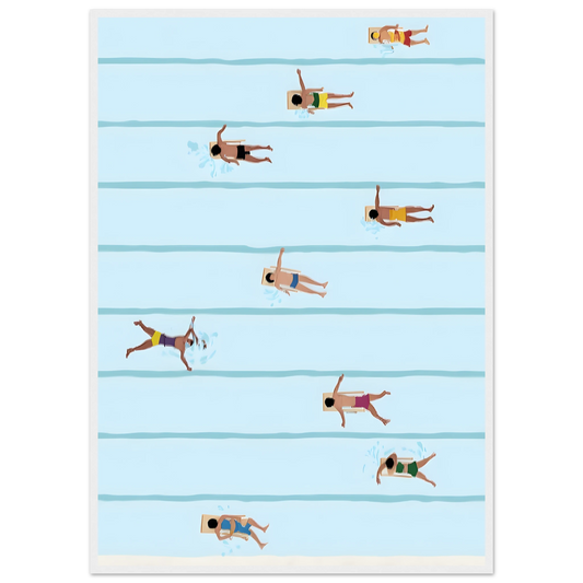 Lane swimmers summer blues art print refreshing poolside serenity by anya trut in your choice of frame art print in a White frame size 21x29.7 cm / 8x12" affordable wall art by Art Aunty NZ