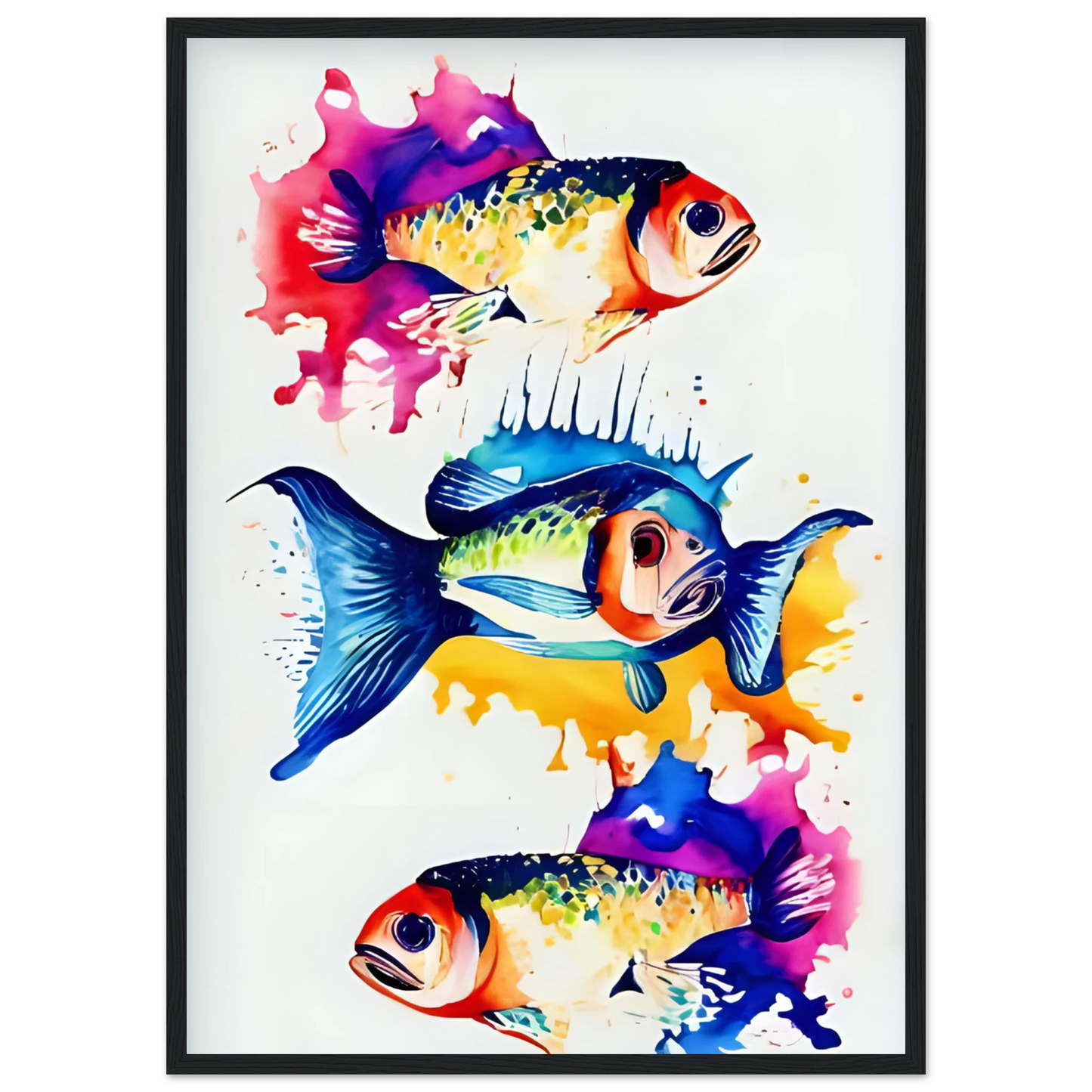 Abstract aquatic flow vibrant fish art print splash of color for your space choose your size frame art print in a Wood frame size 21x29.7 cm / 8x12" affordable wall art by Art Aunty NZ