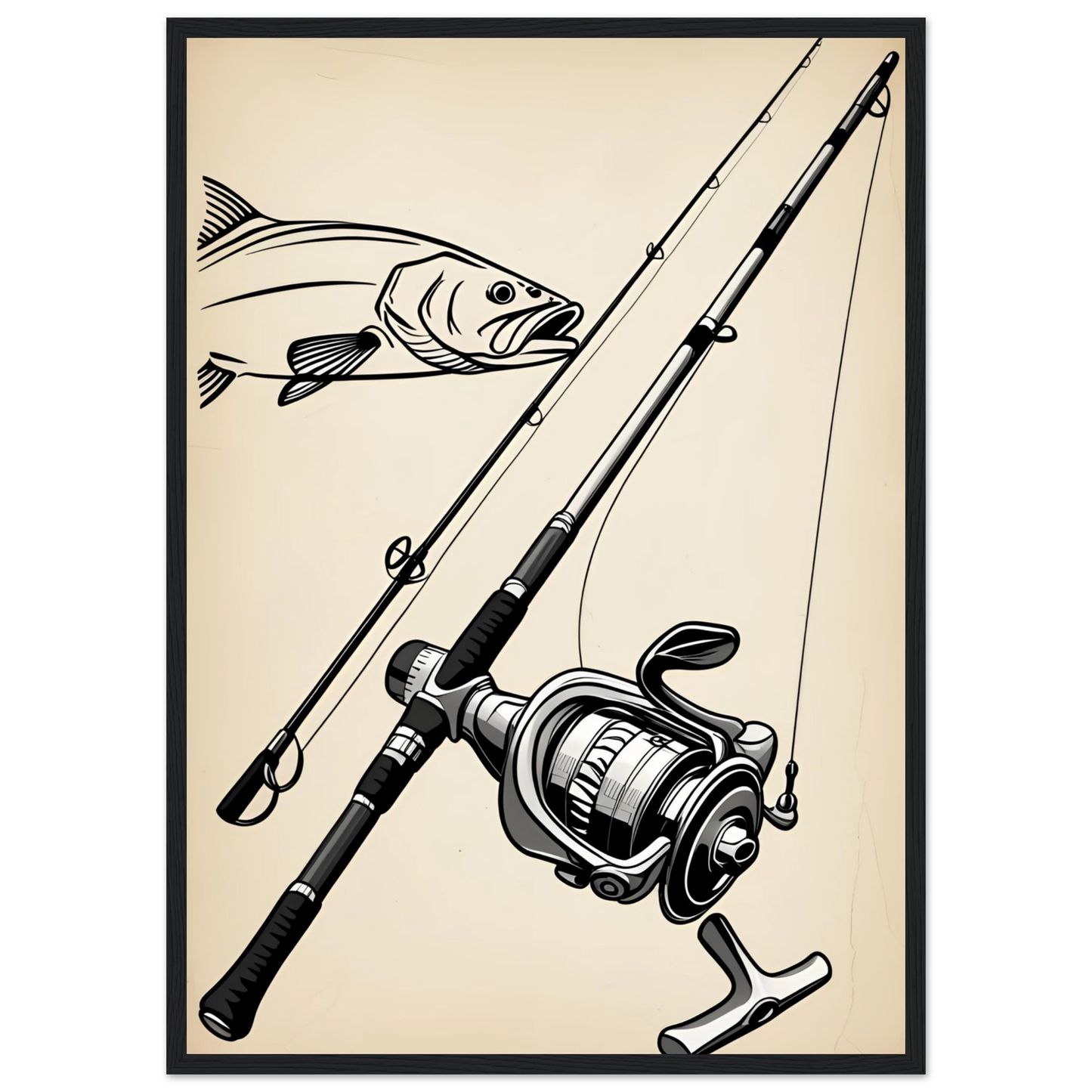 Classic fishing rod reel with bass design art print for anglers outdoors enthusiasts art print in a Wood frame size 21x29.7 cm / 8x12" affordable wall art by Art Aunty NZ