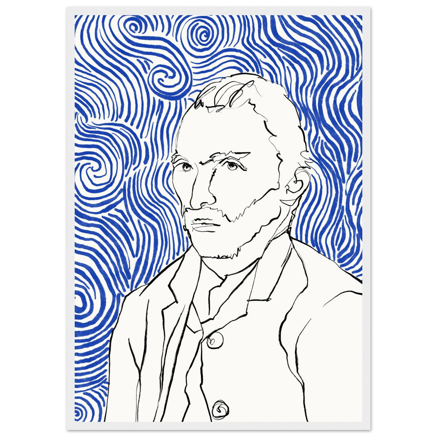 Starry night visionary framed poster iconic artist portrait with swirling blue lines by ioana horvat art print in a Black frame size 21x29.7 cm / 8x12" affordable wall art by Art Aunty NZ