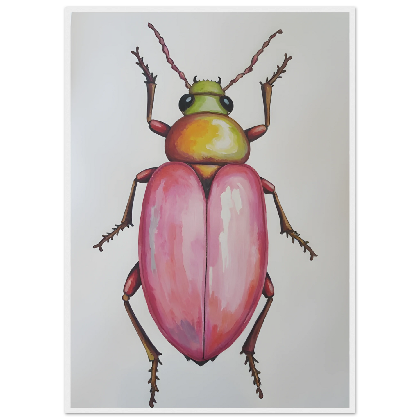 4pm whimsical pink green beetle art print for modern spaces available in three sizes and frame finishes art print in a White frame size 21x29.7 cm / 8x12" affordable wall art by Art Aunty NZ