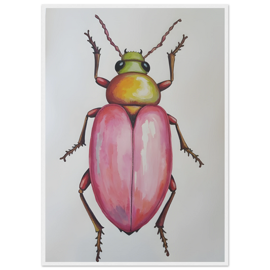 4pm whimsical pink green beetle art print for modern spaces available in three sizes and frame finishes art print in a White frame size 21x29.7 cm / 8x12" affordable wall art by Art Aunty NZ