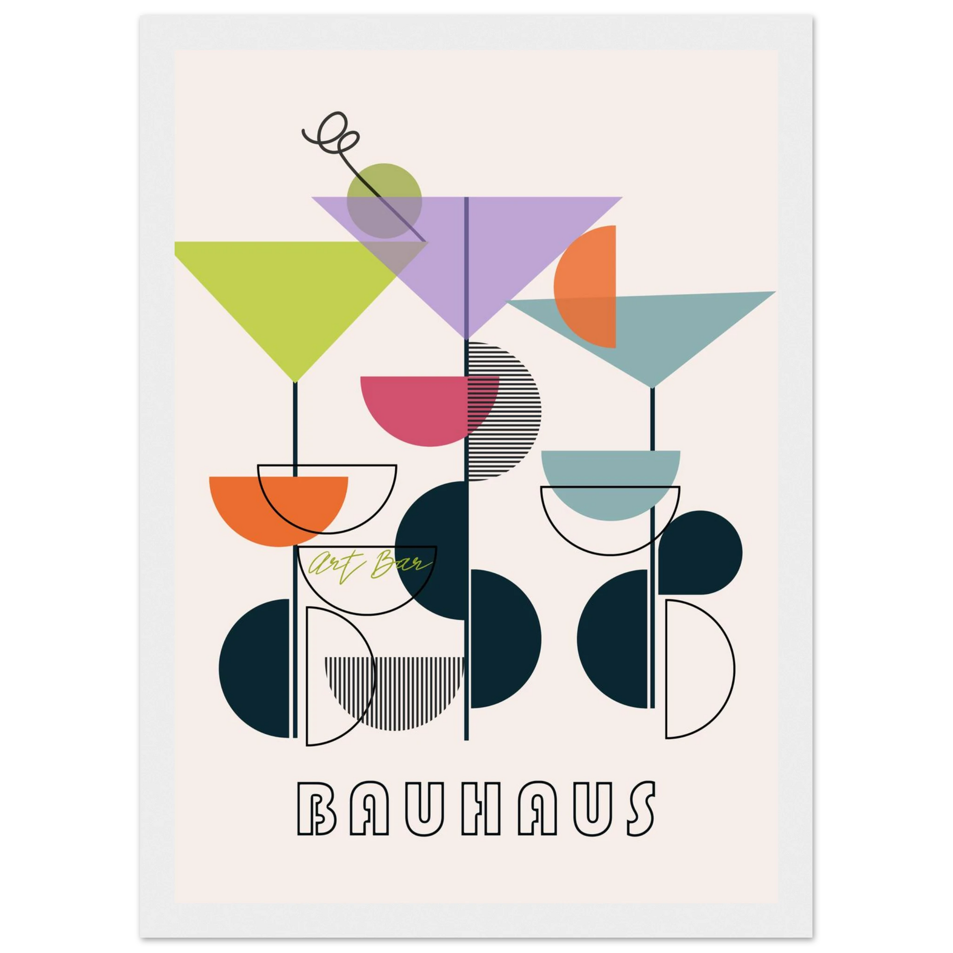 Bauhaus art bar cocktail abstract wall art print a modern geometric statement piece in your choice of frame and size art print in a Wood frame size A1 (59.4 x 84.1  cm) affordable wall art by Art Aunty NZ