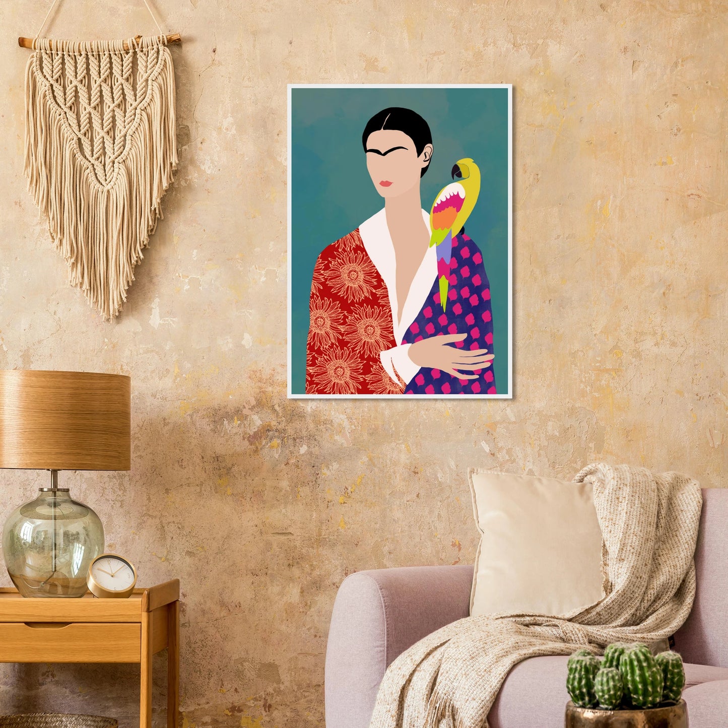 Fridas parrot bold abstract portrait art print in various sizes frames art print in a  size  affordable wall art by Art Aunty NZ