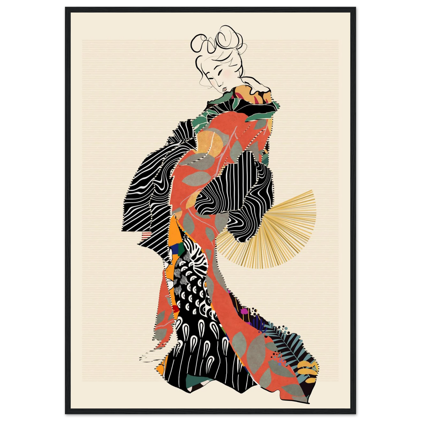 Abstract kimono geisha art print by ioana horvat vibrant patterns elegant style various sizes frames art print in a Wood frame size A2 (42 x 59.4  cm) affordable wall art by Art Aunty NZ