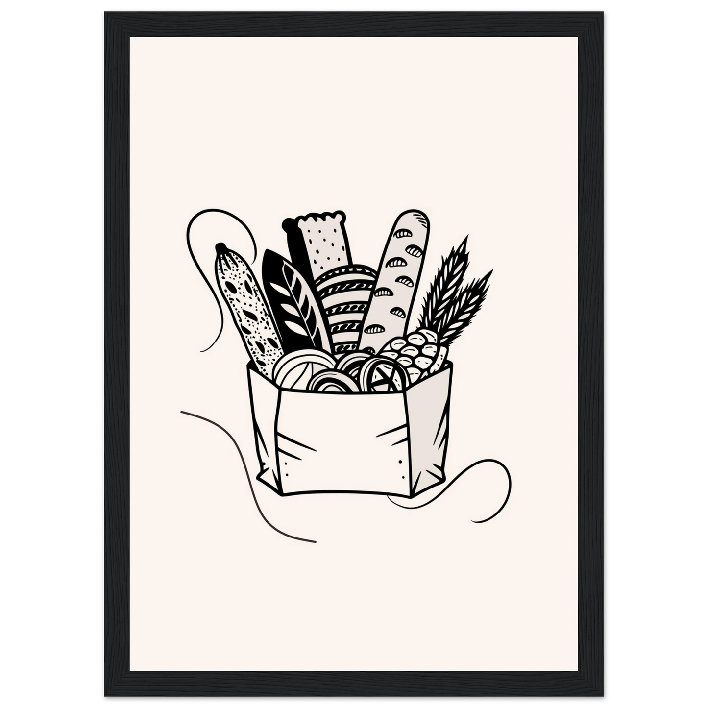 Morning bread art print in a Black frame size 21x29.7 cm / 8x12" affordable wall art by Art Aunty NZ