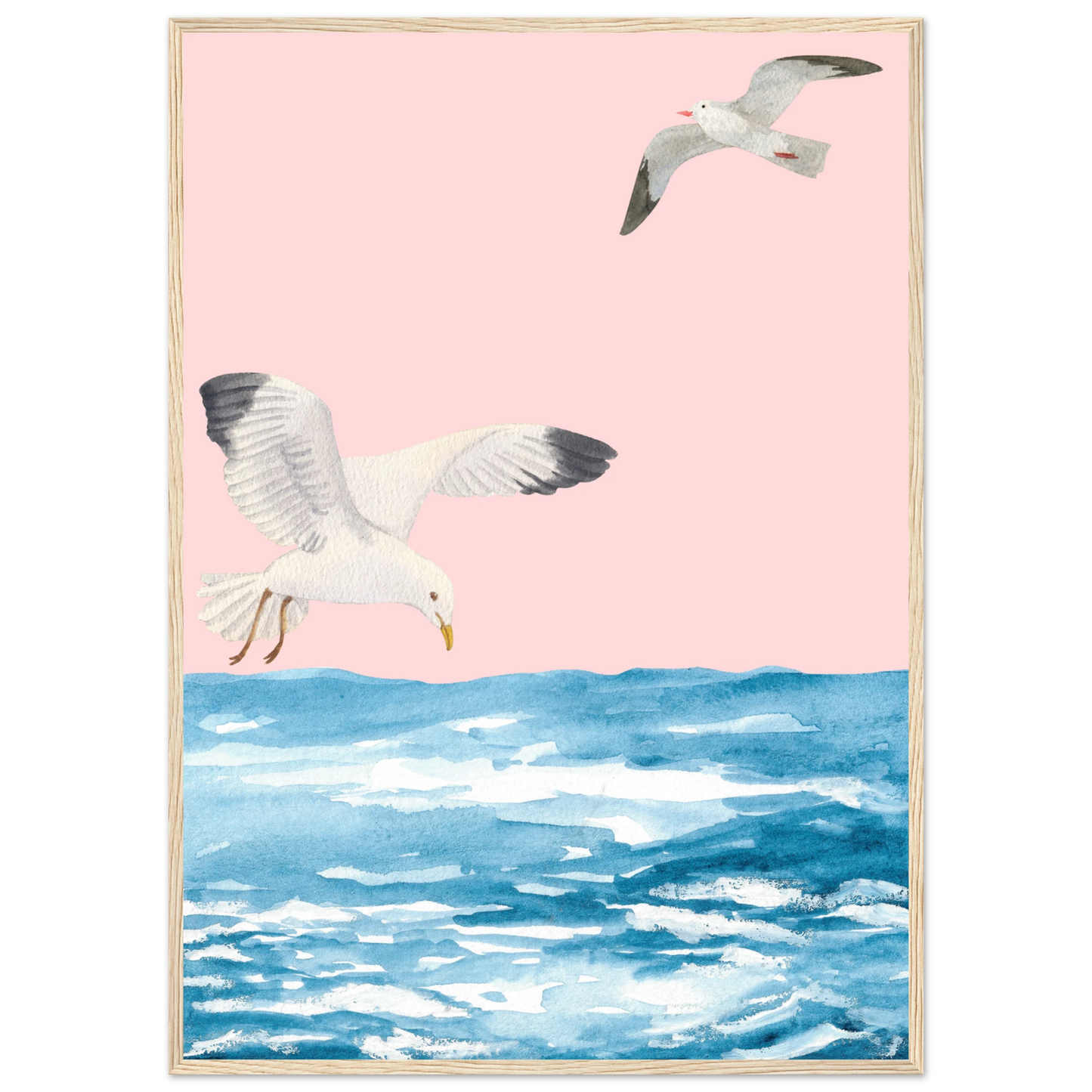 Coastal flight serene seagull watercolour art print by anya trut choose your size frame art print in a Black frame size A1 (59.4 x 84.1  cm) affordable wall art by Art Aunty NZ