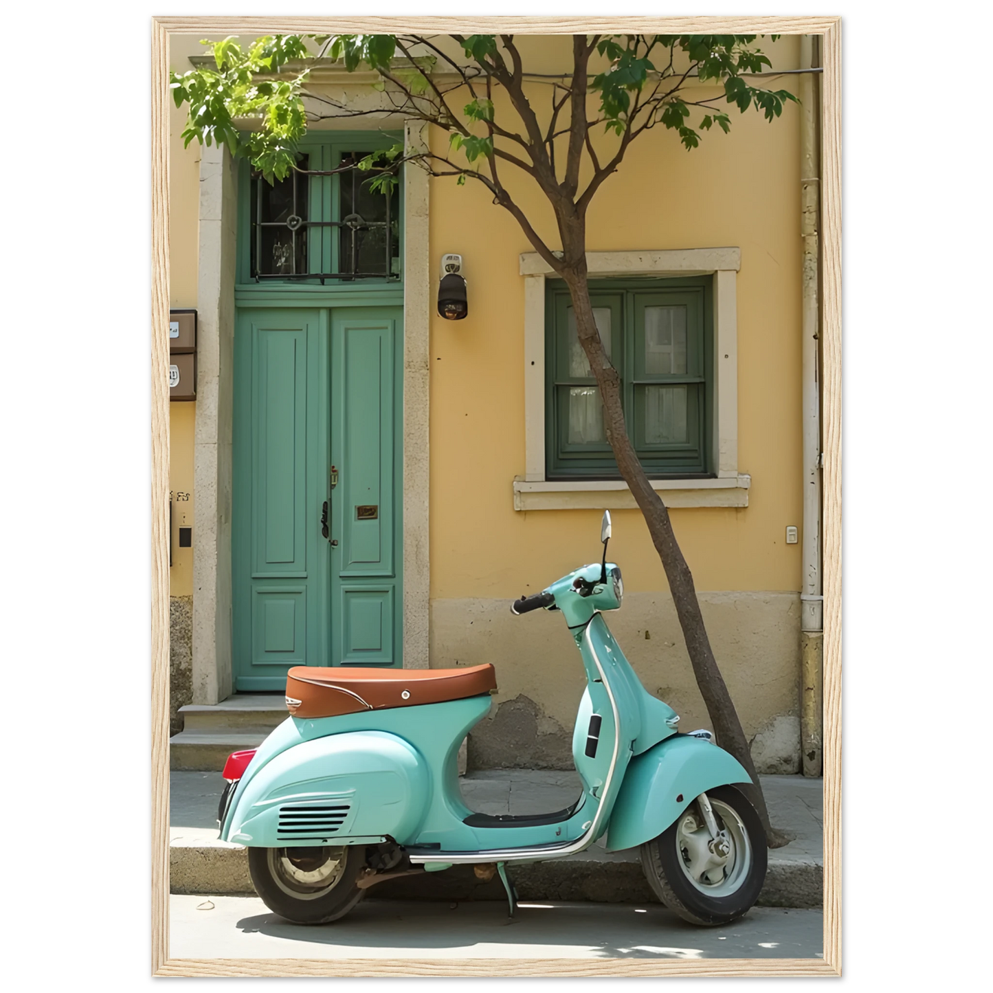 Retro teal vespa street scene art print by anya trut choose your size frame art print in a White frame size A1 (59.4 x 84.1  cm) affordable wall art by Art Aunty NZ