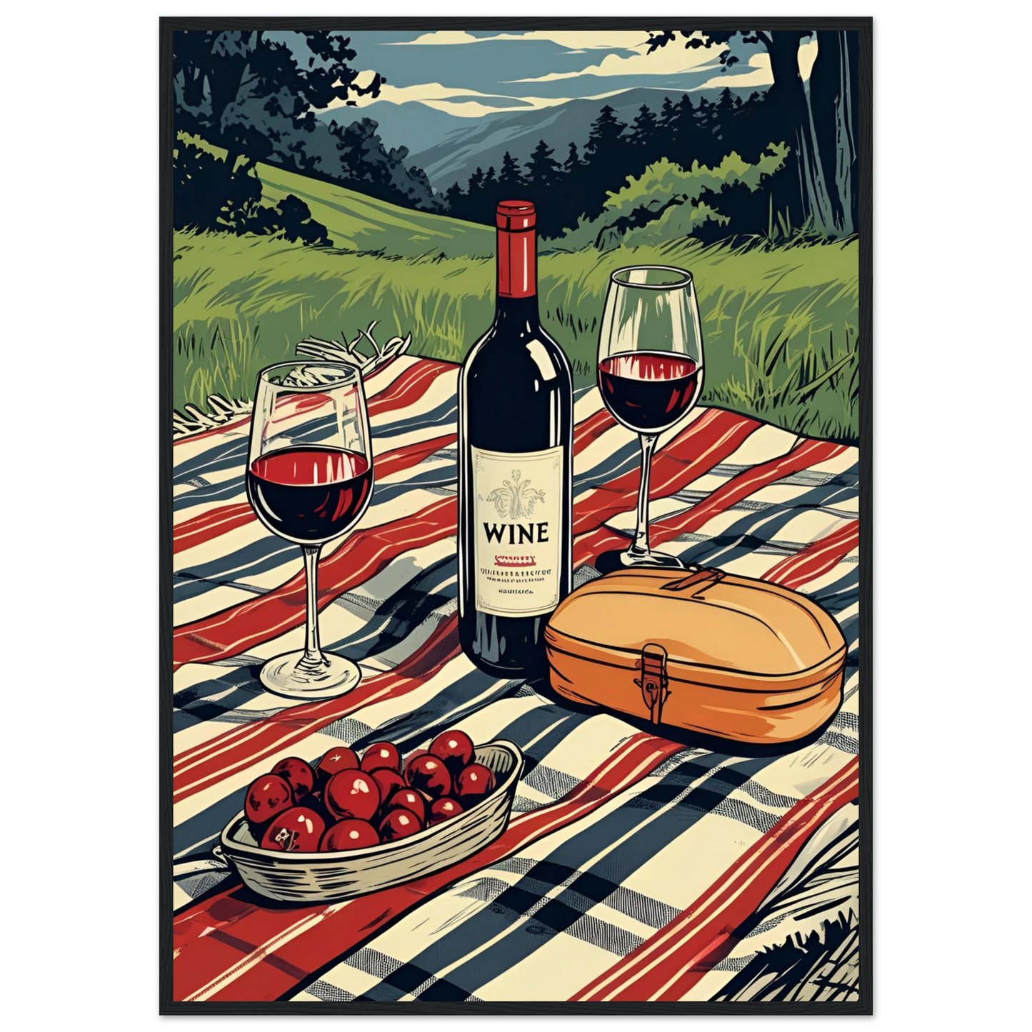 Summer picnic wine cherries serene landscape art print choose your size frame art print in a Black frame size A2 (42 x 59.4  cm) affordable wall art by Art Aunty NZ