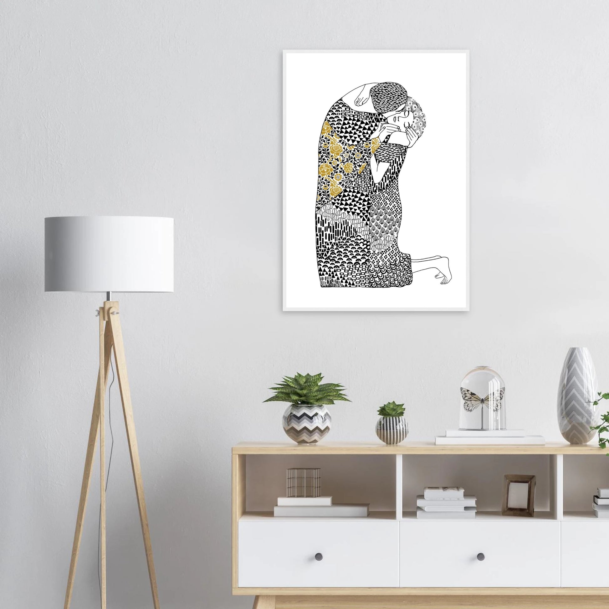 Abstract embrace golden floral geometric art print hand drawn expression on premium poster art print in a  size  affordable wall art by Art Aunty NZ