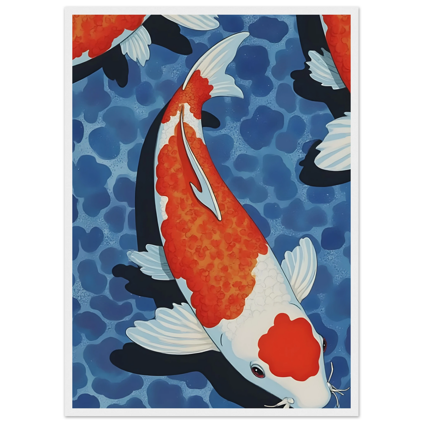 Zen koi pond art print vibrant orange white fish in blue water in your choice of size and frame art print in a Black frame size A1 (59.4 x 84.1  cm) affordable wall art by Art Aunty NZ