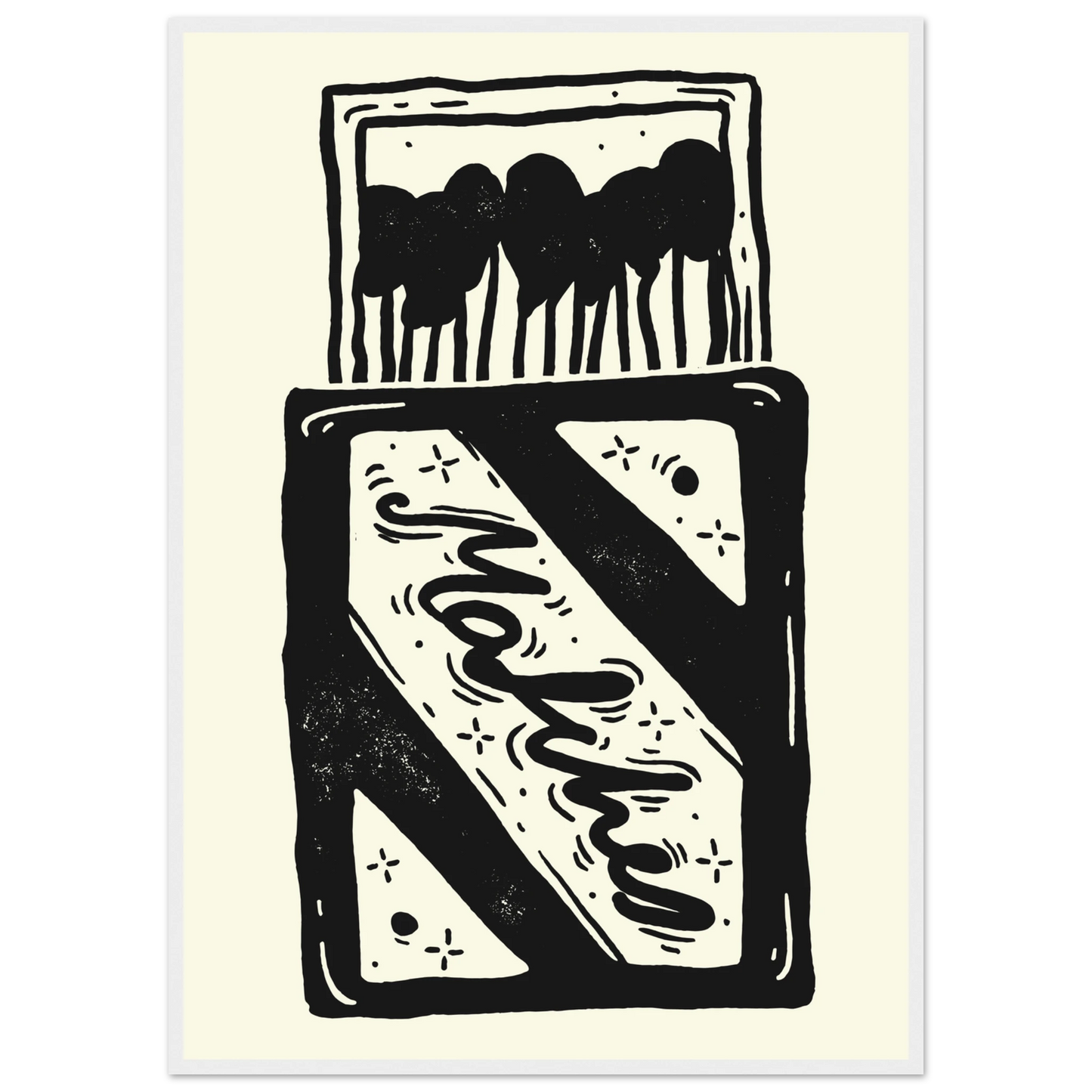 Charming match linocut art print by anya trut black white abstract home decor art print in a White frame size 21x29.7 cm / 8x12" affordable wall art by Art Aunty NZ