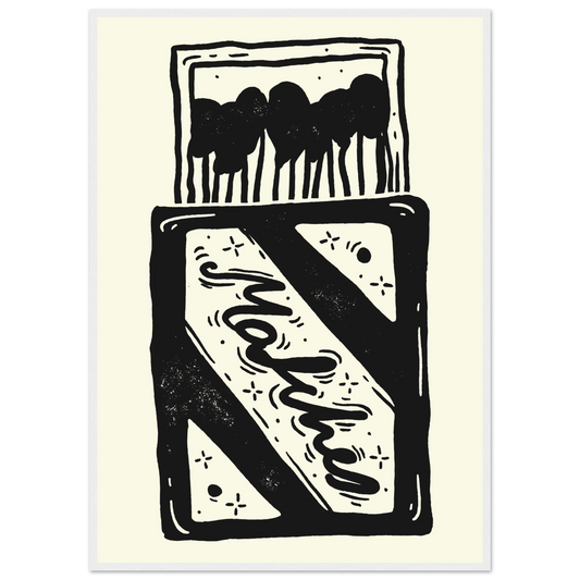 Charming match linocut art print by anya trut black white abstract home decor art print in a White frame size 21x29.7 cm / 8x12" affordable wall art by Art Aunty NZ