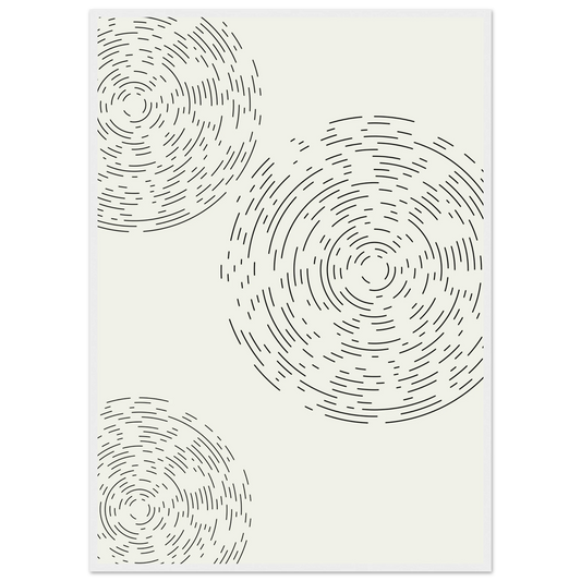 Minimalist spiral harmony art print abstract circles design by anya trut framed sized for your space art print in a White frame size 21x29.7 cm / 8x12" affordable wall art by Art Aunty NZ